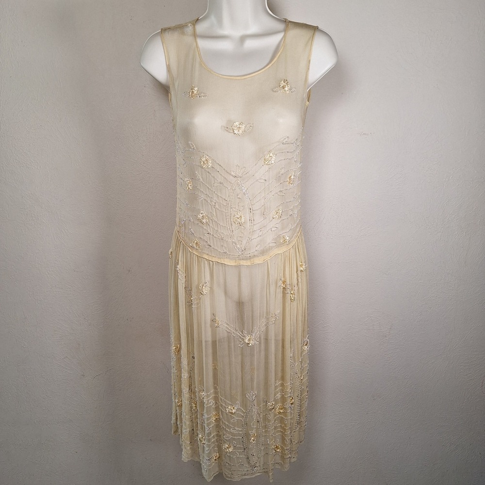 Vintage French Hand Beaded Chiffon Flapper Party Evening Gatsby Dress